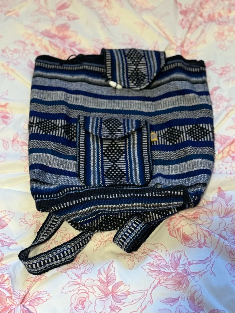 Striped Woven Backpack in Blue, Black & Gray